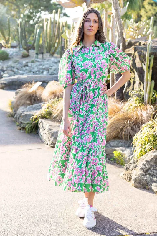 Darina Maxi Dress Pink Green Fashionable Chiffon Tiered Maxi Dress