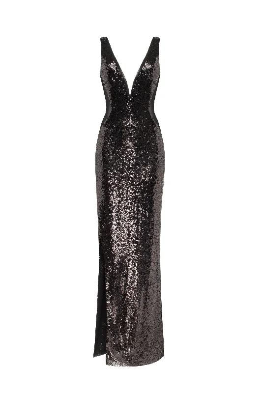 Dazzling fully sequined black maxi dress, Smoky Quartz Comfortable Maxi Dress with Belt