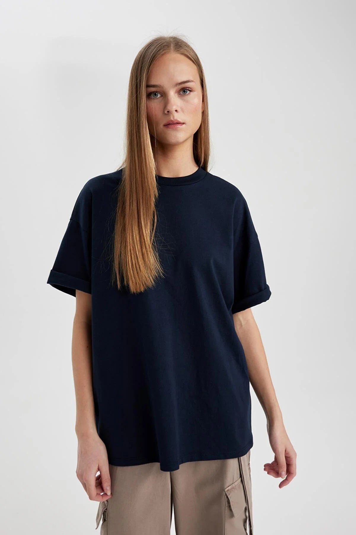 Defacto Women's Navy Blue Oversize Fit T-Shirt Lace Blend Ribbed Blend Corduroy Blend