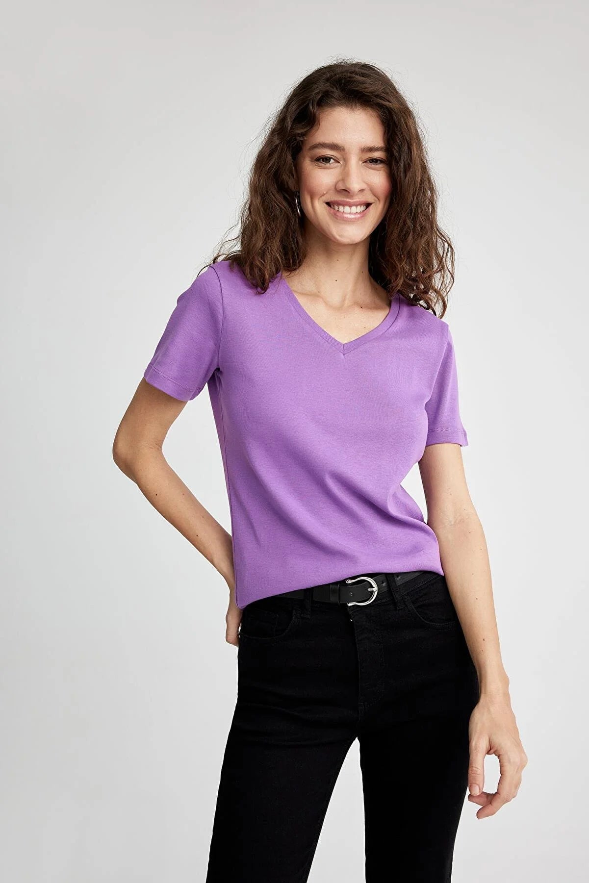 Defacto Women's Purple Slim Fit V Neck Short Sleeve T-Shirt Rayon Velvet Corduroy