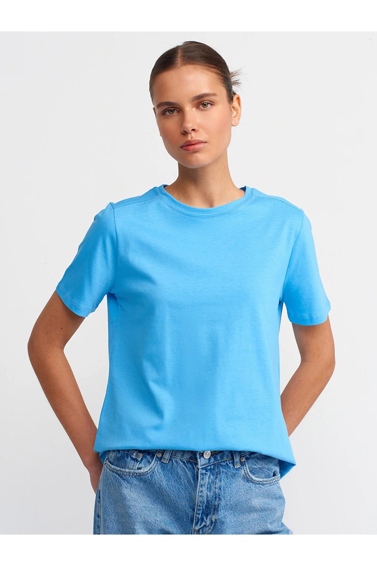 Dilvin Women's Blue Cotton T-shirt Zippered Front Buttoned Front Snap Front