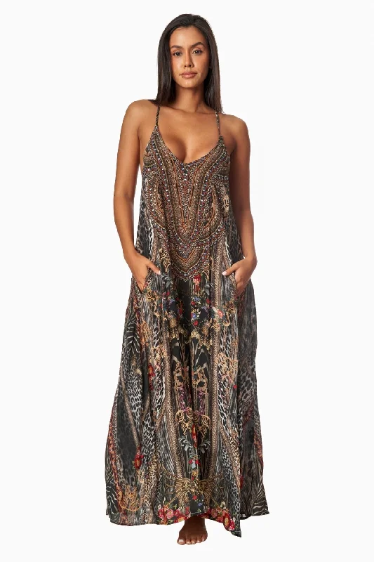 Eclectic Jungle T-back Maxi Dress with Front Pockets Stylish Pleated A-Line Maxi Dress