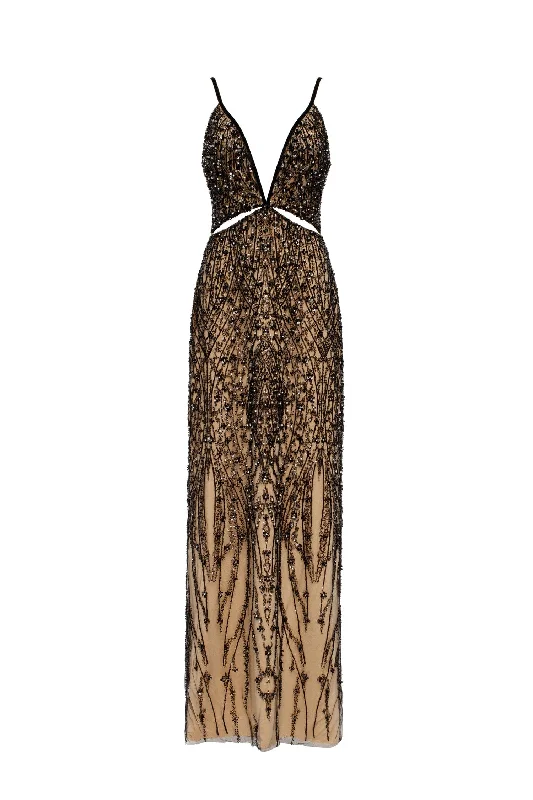 Gala-worthy beige maxi dress covered in black sequined ornament, Smoky Quartz Chic Off-Shoulder Maxi Dress