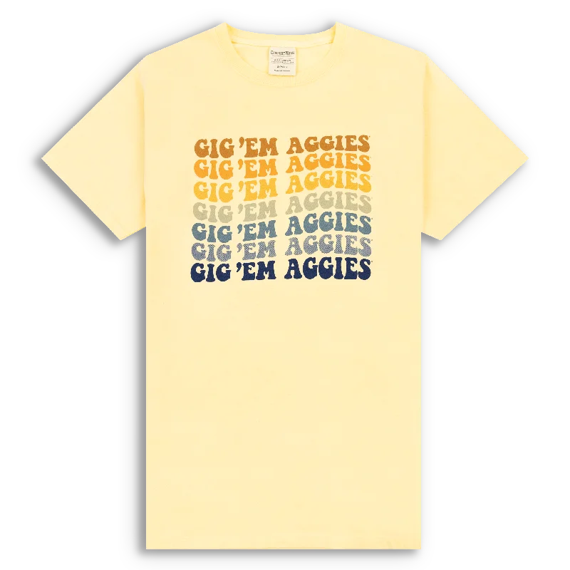 Gig 'Em Aggies On Repeat Yellow T-Shirt Satin Fabric Silk Fabric Chiffon Fabric