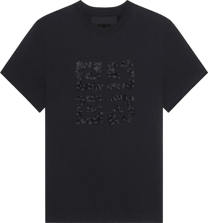 Givenchy Women T-Shirt In Cotton With 4G Emblem In Flowers Black Anti-Pilling Machine Wash Handmade