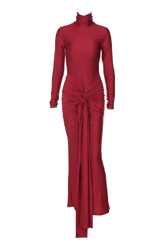 Glamorous Turtleneck Ruched Tie Front Draped Bodycon Formal Maxi Dress Elegant Maxi Dress with Pockets