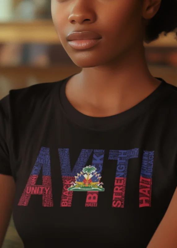 HAITI AYITI National Flag Inspired Word Cluster Women's Relaxed T-Shirt Mesh Canvas Denim