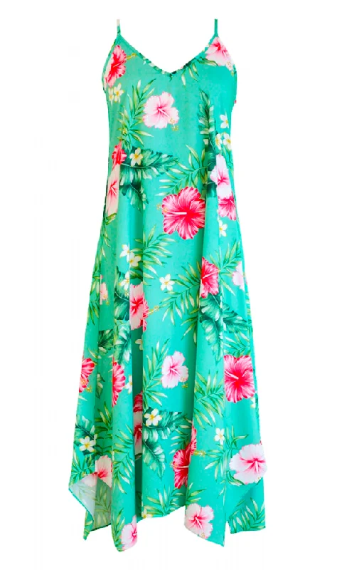 Hibiscus Summer Ladies Hawaiian V Neck Scarf Hem Maxi Dress in Green Trendy Maxi Dress with Lace