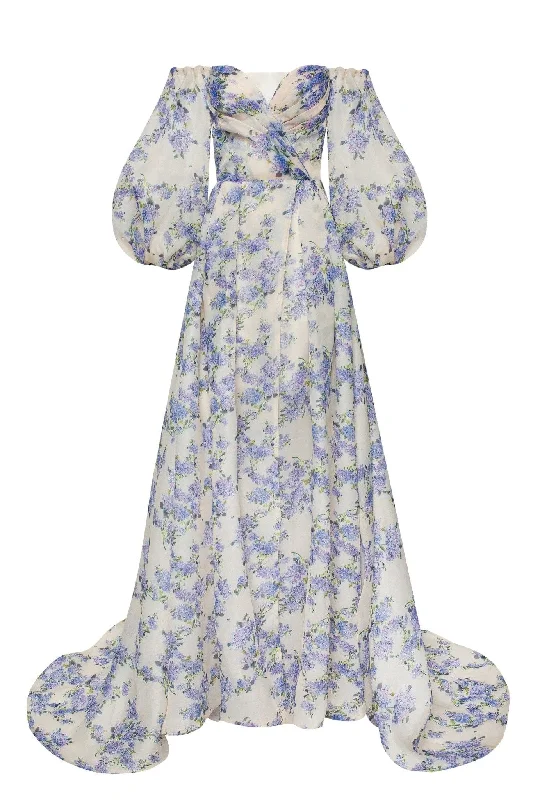 Hydrangea Elegant floral puff sleeve maxi dress Stylish Button-Up Maxi Dress