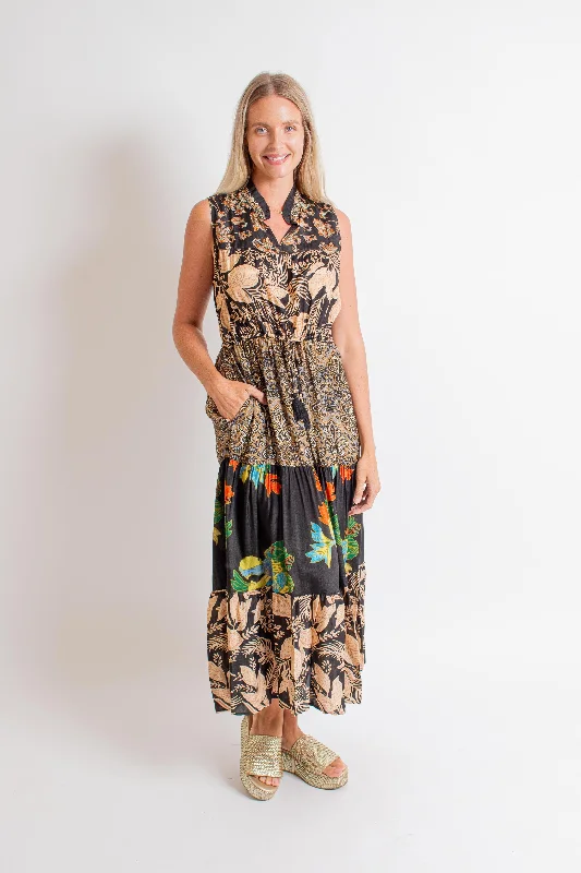 Sleeveless Mixed Print Maxi Dress Classic Solid Maxi Dress