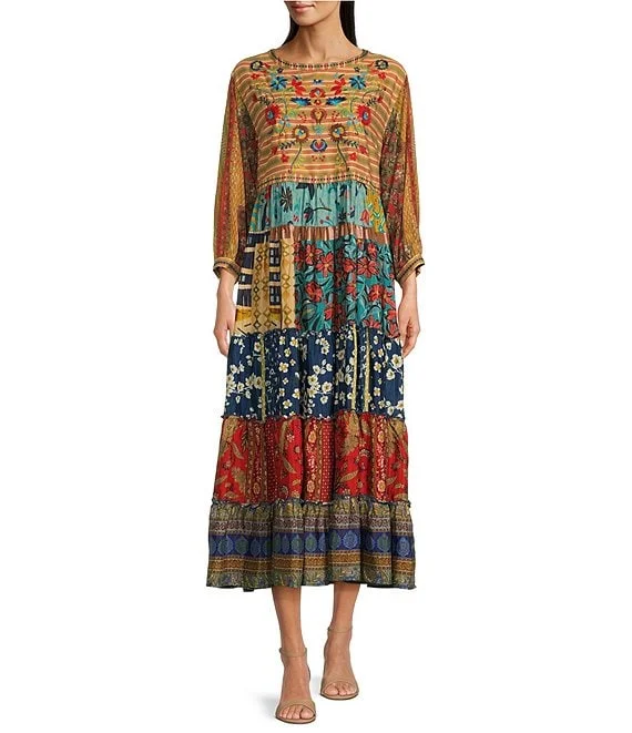 Mix Print Embroidered Maxi Dress Trendy Off-Shoulder Ruffle Maxi Dress