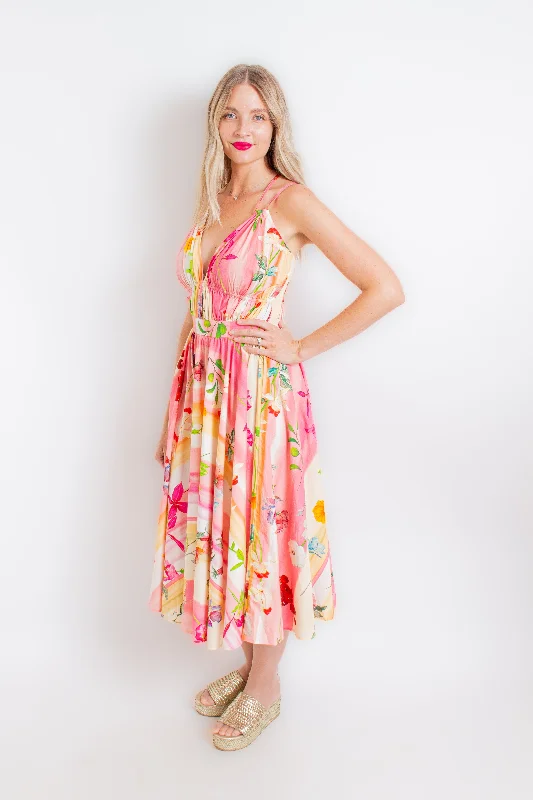 Floral Sleeveless V-Neck Maxi Dress Stylish Pleated A-Line Maxi Dress