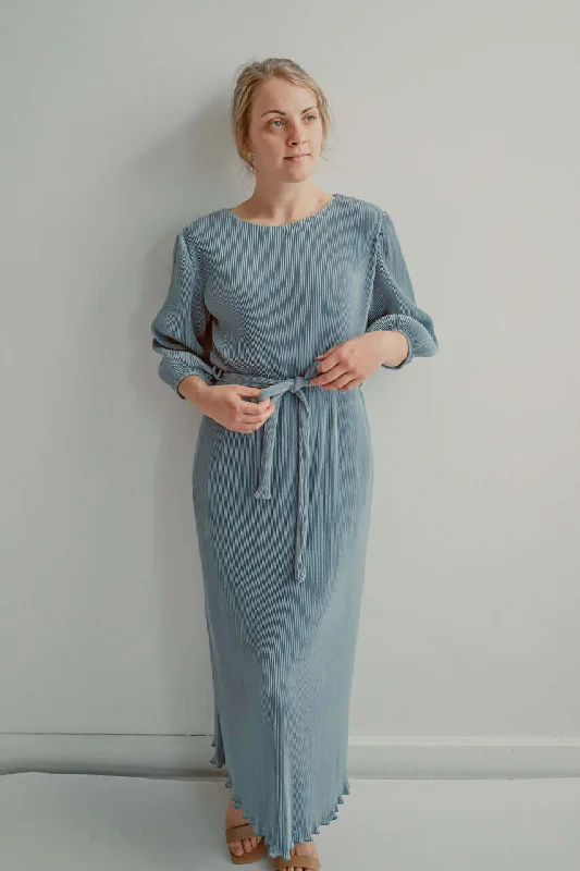 Meredith Crinkle Maxi Dress In Dusty Blue Elegant Pleated Maxi Dress