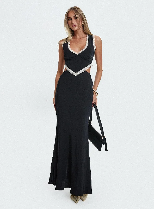 Keila Lace Trim Maxi Dress Black / Cream Stylish Maxi Dress with Frills