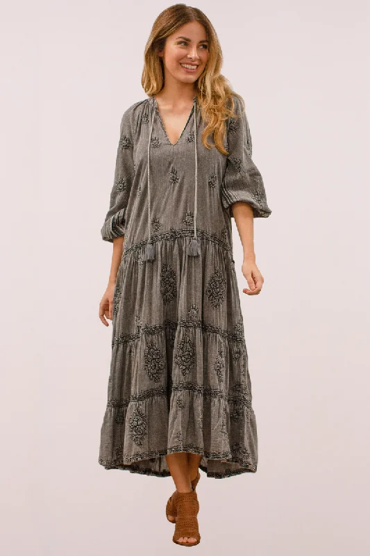 "Hannah" Dark Grey Maxi Dress Cozy Cold-Shoulder Maxi Dress