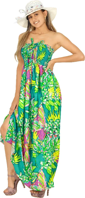 LA LEEL Beach Swimwear Soft Printed Hawaiian Tube Dress Long Sea Green One Size Solid Color Swimsuit