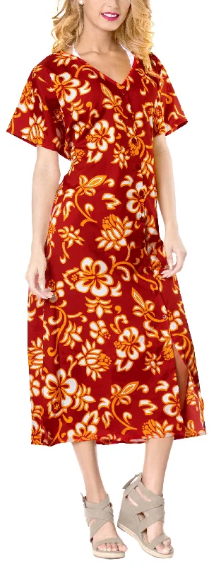 LA LEELA Casual DRESS Beach Cover up Rayon Tie Dye Cover Up Womens Swimsuit Blood Red_B360 Floral Print Swimsuit