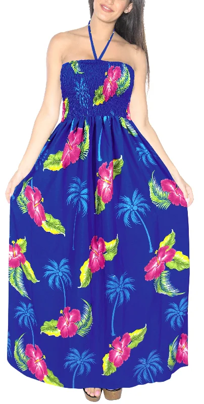 LA LEELA Evening Beach Swimwear Soft  Printed Backless Cover Up Tube Dress Floral printed  Royal Blue 363 One Size Timeless Black Bikini