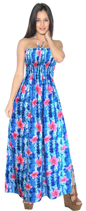 LA LEEL Beach Swimwear Soft Printed Hawaiian Tube Dress Long Length Bright Blue 313 One Size Sexy Two-Piece Set