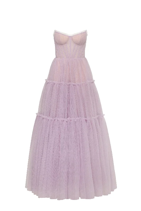 Lavender tulle maxi dress with ruffled skirt, Garden of Eden Trendy Maxi Dress with Lace