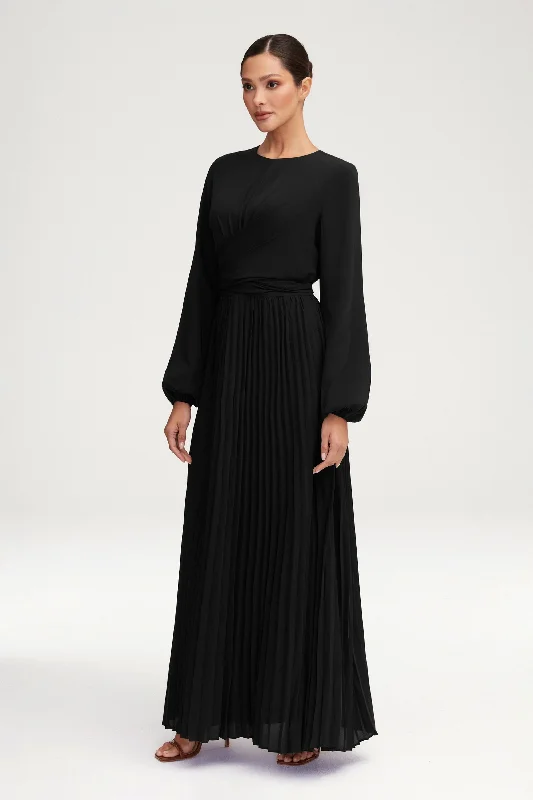 Layana Pleated Wrap Waist Maxi Dress - Black Stylish Longline Maxi Dress