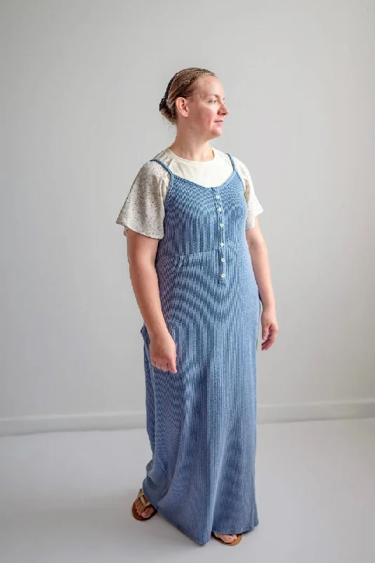 Leanna Ribbed Maxi Dress in Denim Blue - FINAL SALE Stylish Maxi Dress with Frills