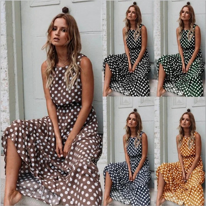 LEOSOXS Sexy O Neck Sleeveless Boho Polka Dot Maxi Dress Trendy Off-Shoulder Ruffle Maxi Dress