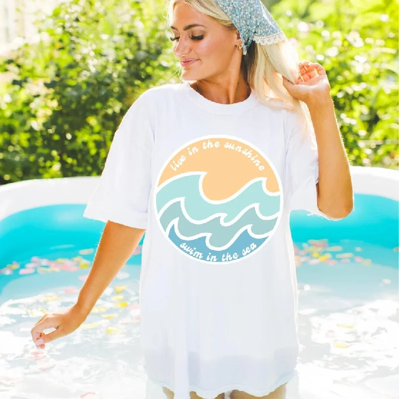 Live in the Sunshine, Swim the Sea Beach Tee - Ocean Waves Aesthetic Tshirt - Summer Vibes Tee - White Bella Canvas Women's Unisex Tee Plus-Size Bikini Set