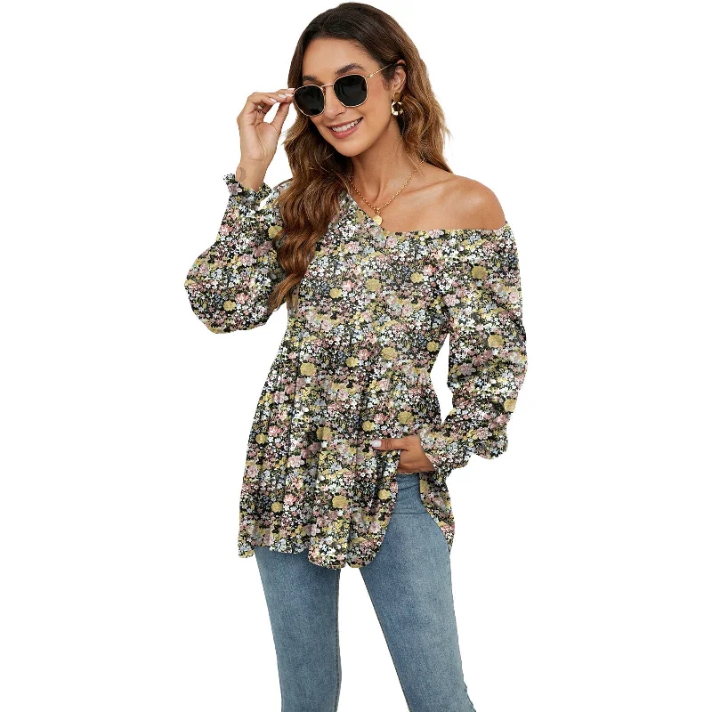 Long Puff Sleeve Tops Women Flowers Print Casual V-Neck Blouse T-Shirts Houndstooth Herringbone Solid