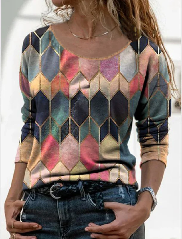 Long sleeve retro geometric print casual top T-shirt Chenille Blend Fleece Blend Nylon Blend