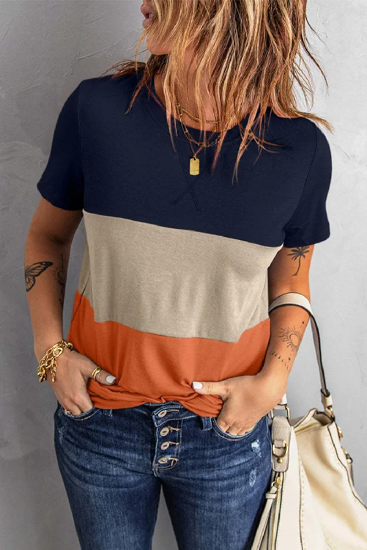 Match Color Short - Sleeved T-shirt Women Loose Mesh Blend Leather Blend Suede Blend