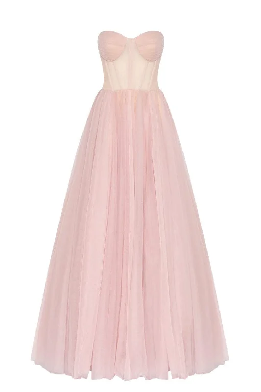 Misty Rose Tulle Maxi Dress with a Corset Bustier Fashionable Layered Maxi Dress