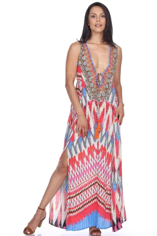 MODA 2 Slit Maxi Dress with Front Pockets and Beaded Neckline | Maxi Women's Dresses Fashionable High-Waist Maxi Dress