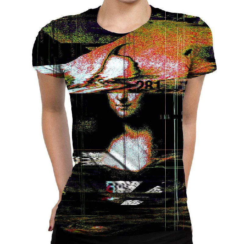 Mona Lisa Colored Glitch Womens T-Shirt Collared T-Shirt Boat Neck A-Line