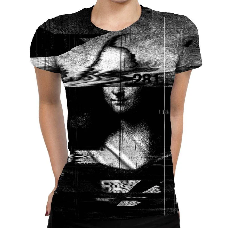 Mona Lisa Glitch Womens T-Shirt Zippered Front Buttoned Front Snap Front