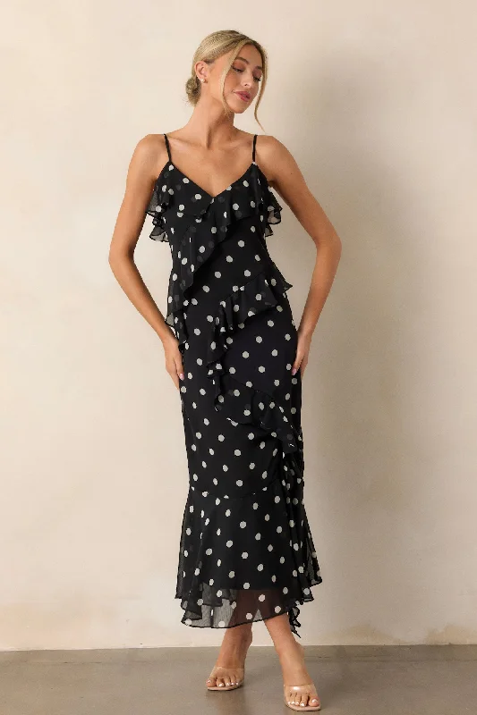 Mystic Moon Black Polka Dot Ruffle Maxi Dress Elegant Velvet Maxi Dress