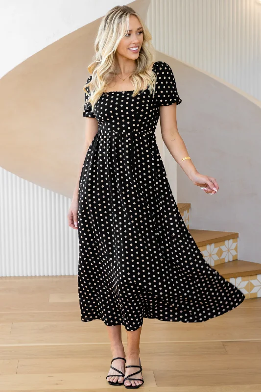 Nell Square Neck Maxi Dress Black Tan Spot Classic A-Line Maxi Dress