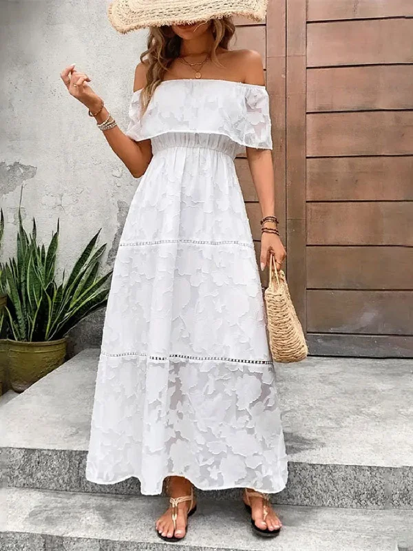 Off-Shoulder Short Sleeve Maxi Dress Comfortable Bohemian Maxi Dress