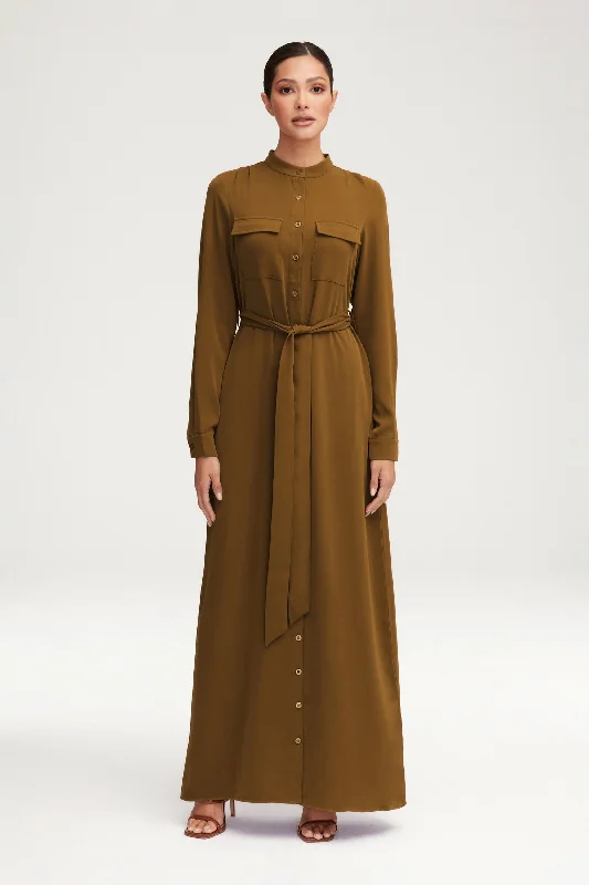 Olivia Button Down Utility Maxi Dress - Khaki Green Elegant Pleated Maxi Dress