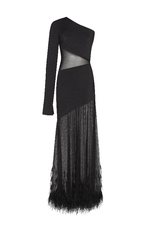 One-shoulder maxi dress with feather-trimmed bottom, Xo Xo Elegant Velvet Maxi Dress