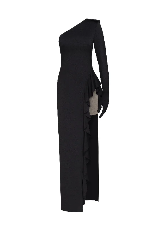 One-shoulder ruffle-trimmed maxi dress in black, Xo Xo Comfortable Fit-and-Flare Maxi Dress