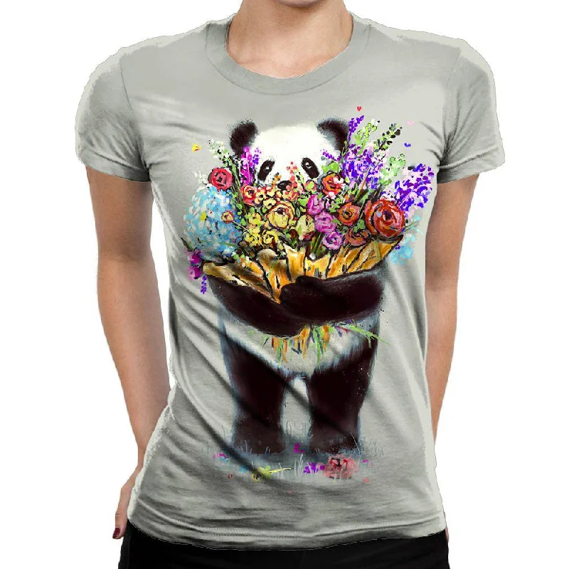 Pandas Got Flowers For You Womens T-Shirt Zippered Front Buttoned Front Snap Front