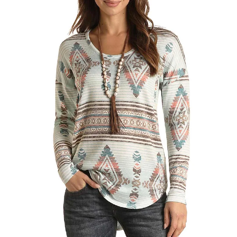 Panhandle Women's Aztec Print Long Sleeve T-shirt Print Jacquard Patchwork