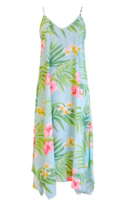 Pink Hibiscus Ladies Hawaiian V Neck Scarf Hem Maxi Dress in Aqua Stylish Boho Maxi Dress