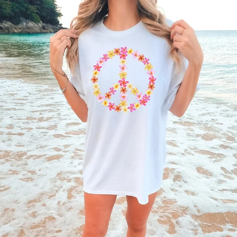 Plumeria Peace Hawaiian Beach Tee - Beach Floral Lei Tee - Hawaiian Lei Tee - Bella Canvas Oversized Unisex Beach Tee Houndstooth Herringbone Solid