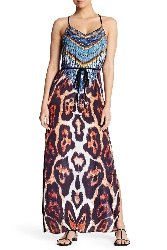 Printed T Back Maxi Dress with Front Pockets (Black) Trendy Maxi Dress with Belt