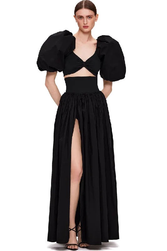 Puffl Sleeve Crop High Waist High Split Two Piece Maxi Dress - Black Fashionable Off-Shoulder Maxi Dress