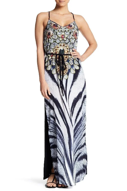 Printed T Back Maxi Dress with Front Pockets Fashionable Open-Back Maxi Dress