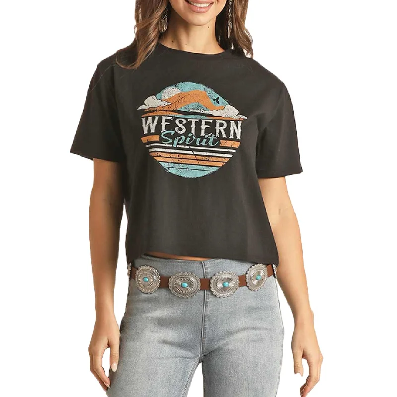 Rock & Roll Cowgirl Women's Western Spirit Cropped T-Shirt Fleece Nylon Spandex