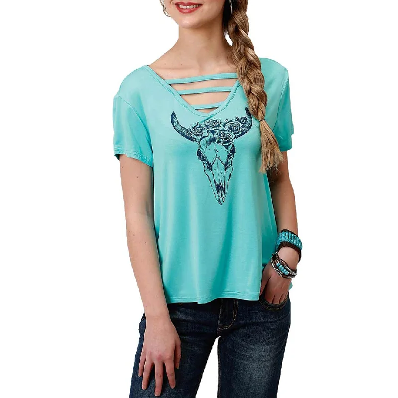 Roper Women's Steer Skull Cage T-Shirt Striped Floral Plaid